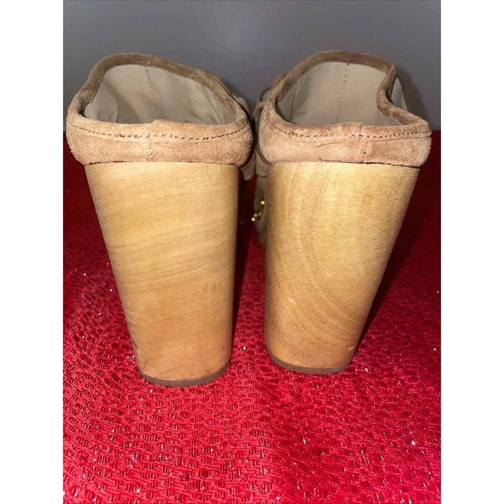 Veronica Beard Dacey Buckle Suede Clogs size 11M USA women Tan Pecan Wood Metals